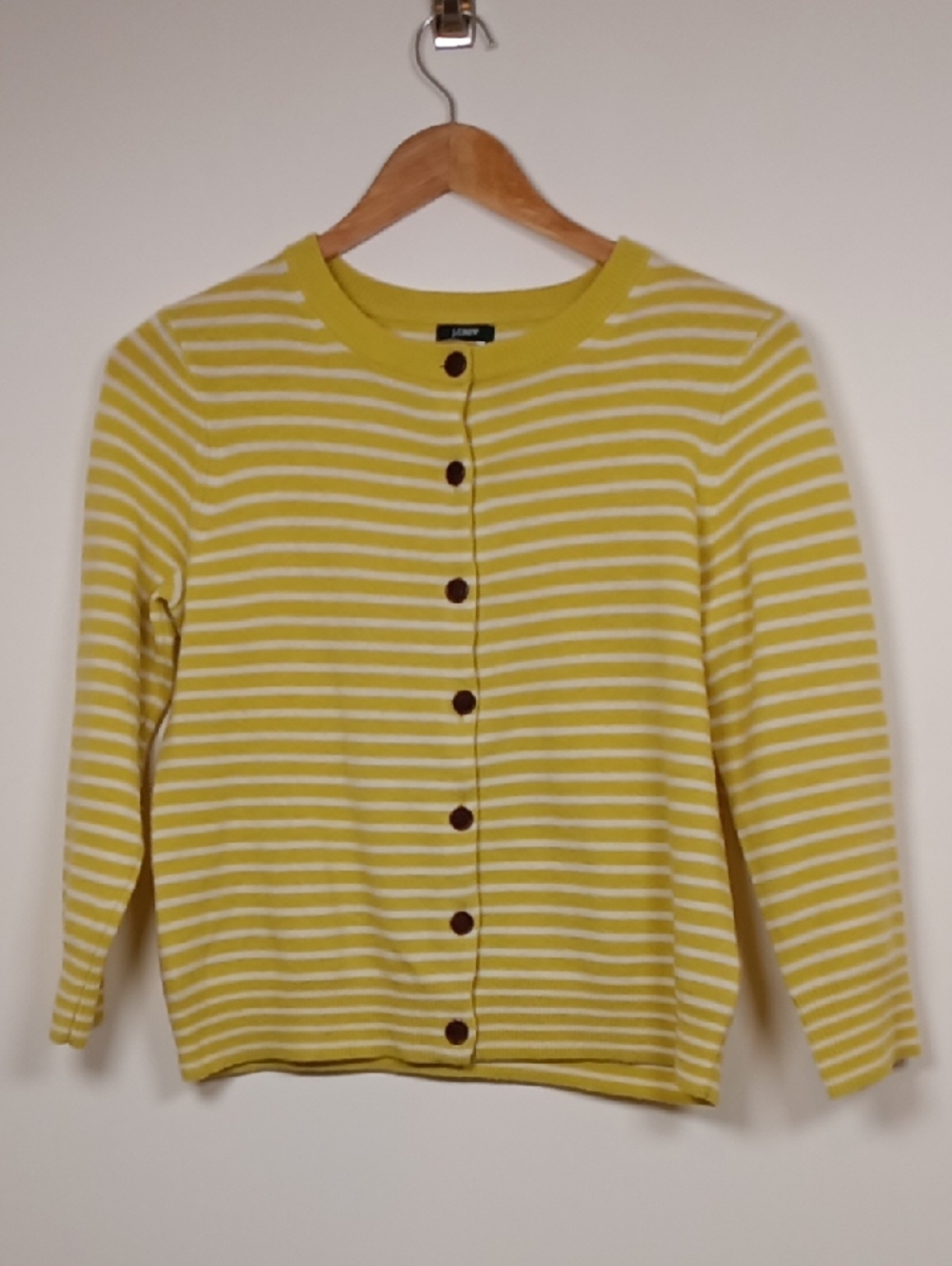 J.Crew Wool & Cashmere Blend Cardigan Lime Yellow/White Stripe Medium